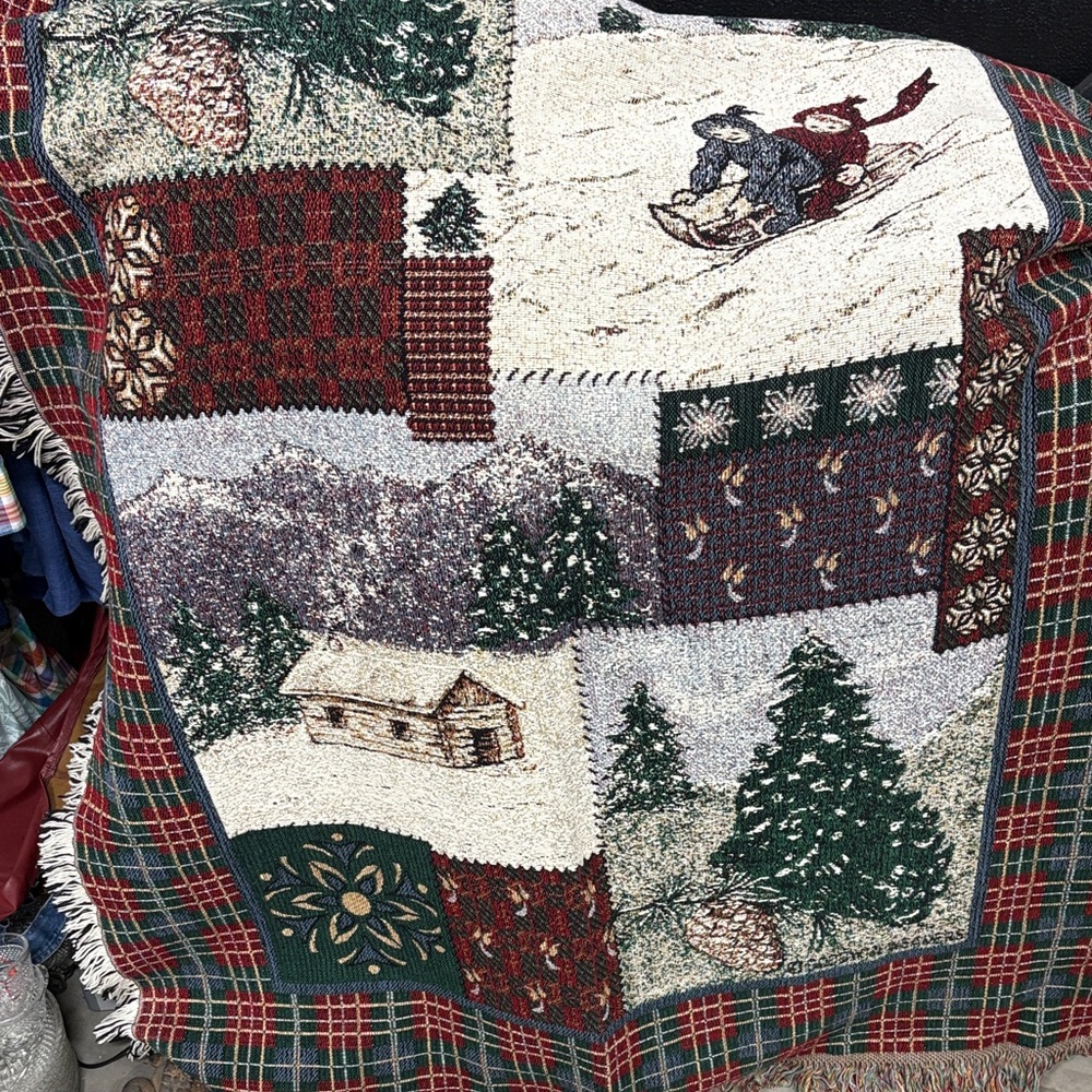 Cozy Holiday Patchwork Throw Blanket - Red, Green, Cream